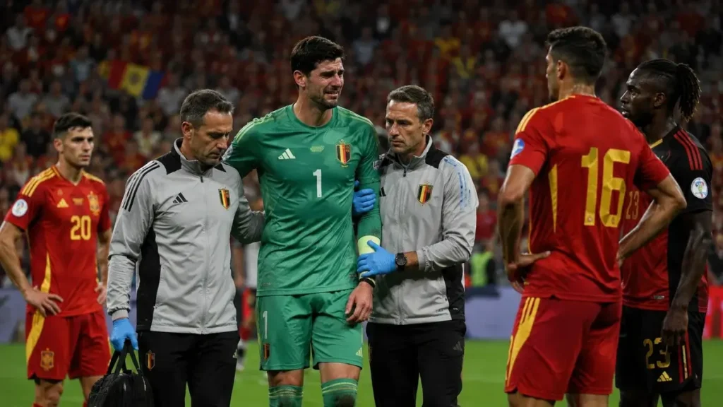 Thibaut Courtois deixa o campo lesionado durante Espanha x Bélgica na Copa do Mundo 2026