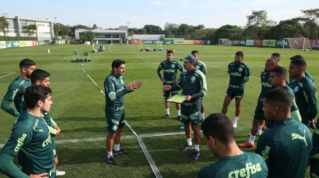 Abel Ferreira orienta jogadores do Palmeiras durante treinamento visando a retomada da temporada.