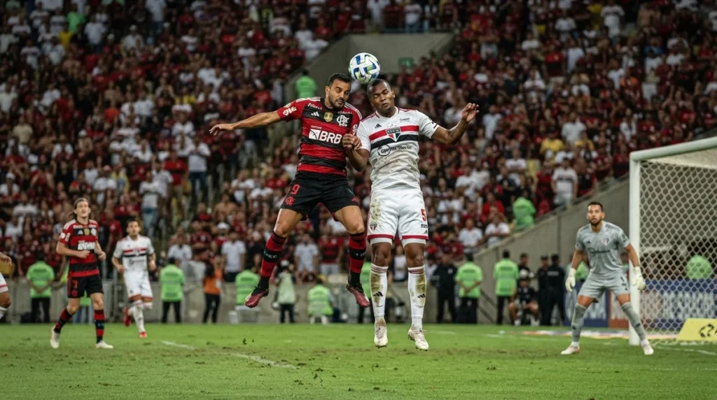 Pedro finaliza em direção ao gol durante Flamengo x São Paulo pelo Brasileirão 2026.