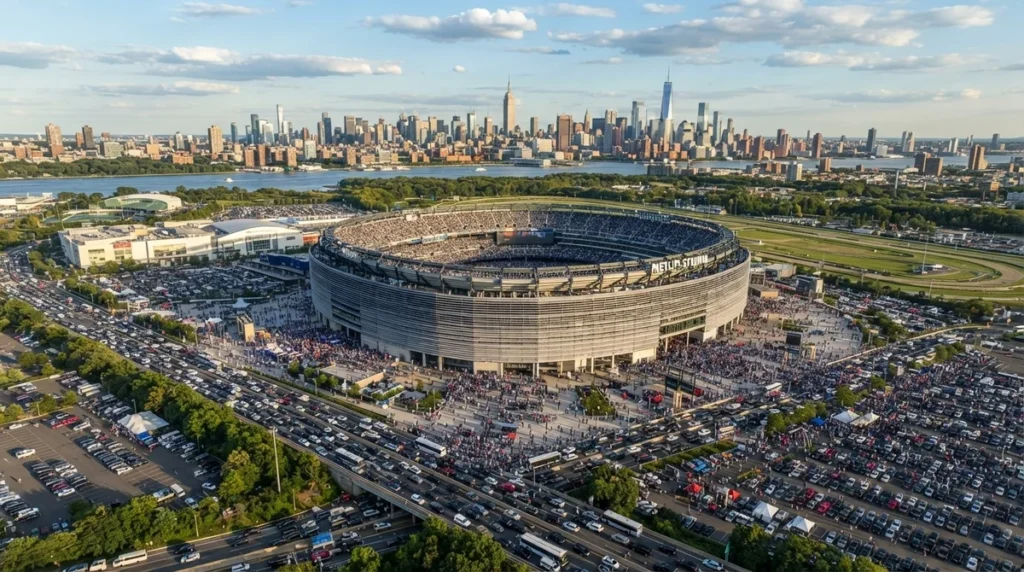 Vista aérea do MetLife Stadium em East Rutherford durante a final da Copa do Mundo de 2026.