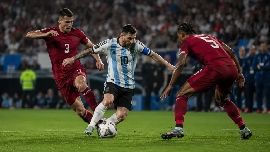 Argentina x Suíça Jogador da Argentina conduz a bola marcado por defensores da Suíça na Copa do Mundo 2026.