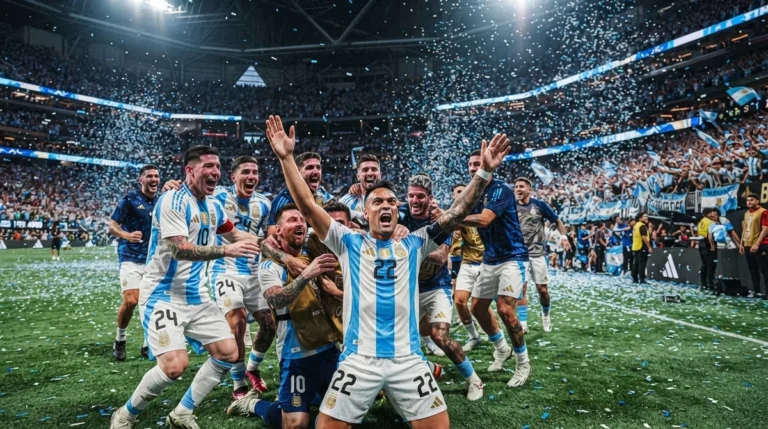 Argentina comemora vitória sobre a Inglaterra e classificação para a final da Copa do Mundo 2026.