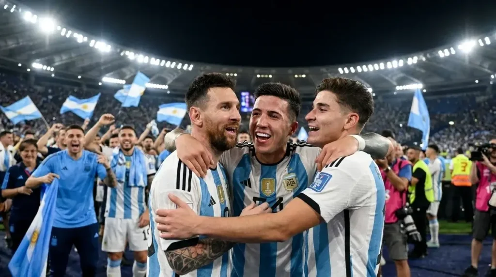 Argentina_team_celebrating_goal_202607110749 Jogadores da Argentina comemoram classificação às quartas de final da Copa do Mundo 2026.
