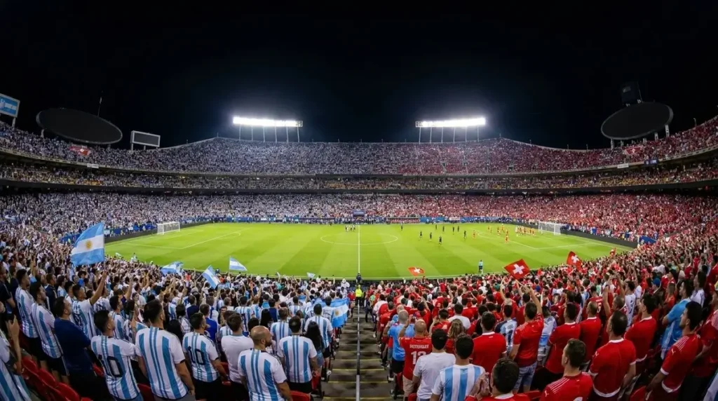 Arrowhead_Stadium_packed_for_Wor…_202607110749 Vista do Arrowhead Stadium antes do confronto entre Argentina e Suíça.