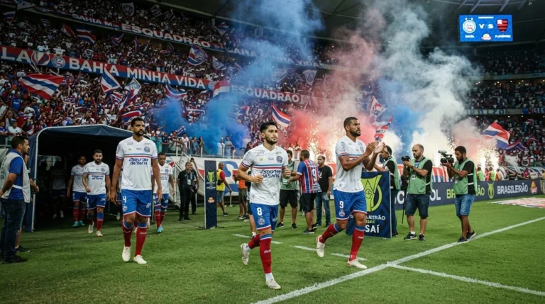 Jogadores do Bahia entram em campo antes de partida pelo Brasileirão 2026