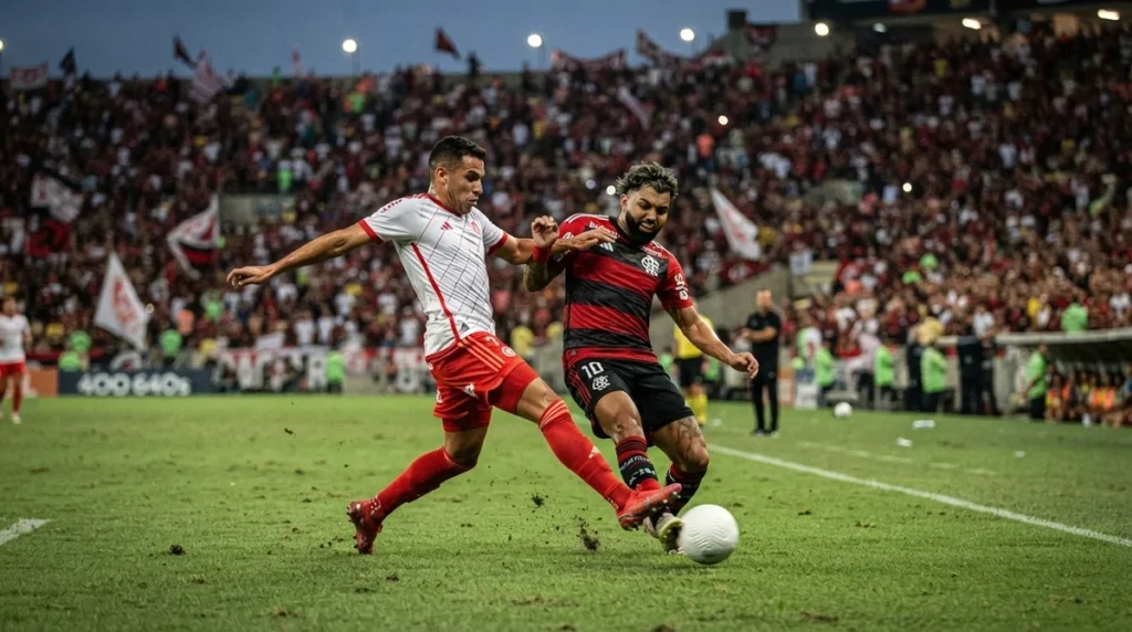 Lance disputado entre Internacional e Flamengo no Brasileirão.