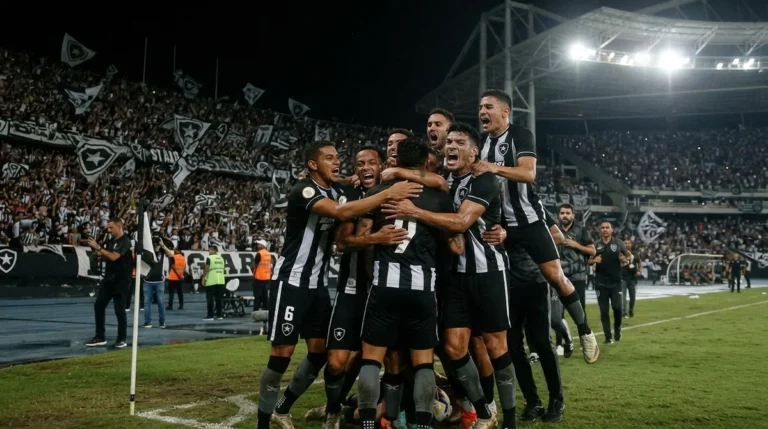Jogadores do Botafogo comemoram vitória sobre o Santos pelo Brasileirão no Estádio Nilton Santos