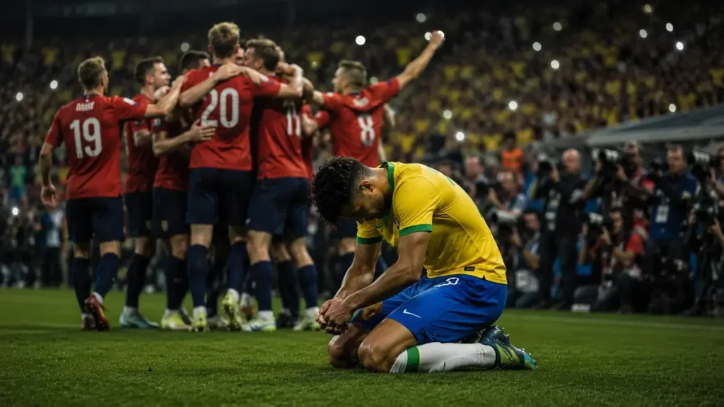 Jogador brasileiro lamenta eliminação para a Noruega nas oitavas da Copa do Mundo 2026.