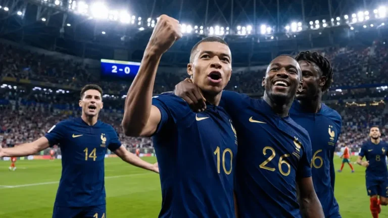 Jogadores da França comemoram a classificação para a semifinal da Copa do Mundo 2026 após vitória sobre o Marrocos.