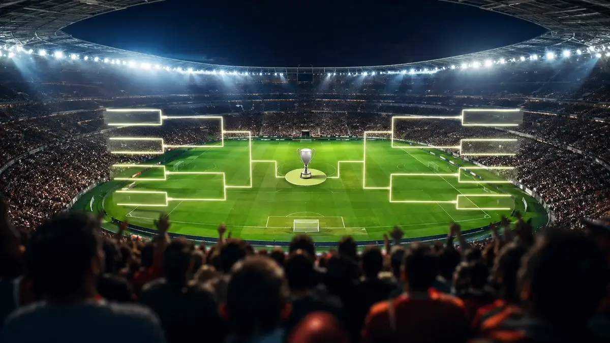 Chaveamento da Copa do Mundo 2026 com estádio e clima de decisão