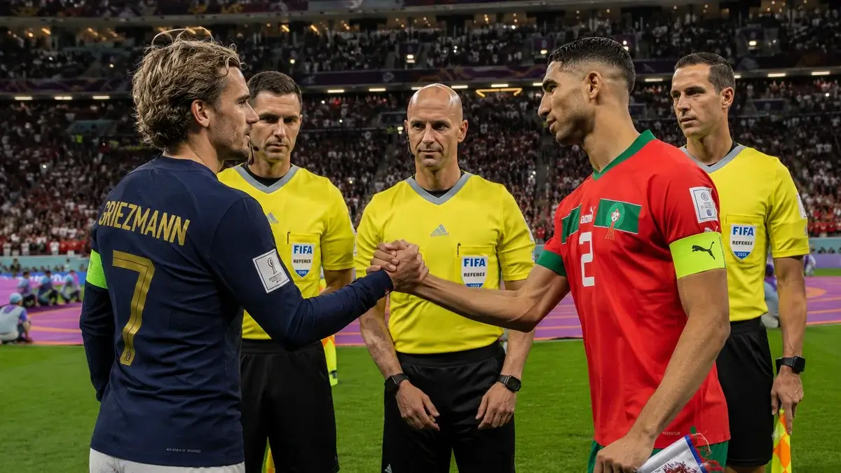 Jogadores de França e Marrocos disputam bola na Copa do Mundo 2026