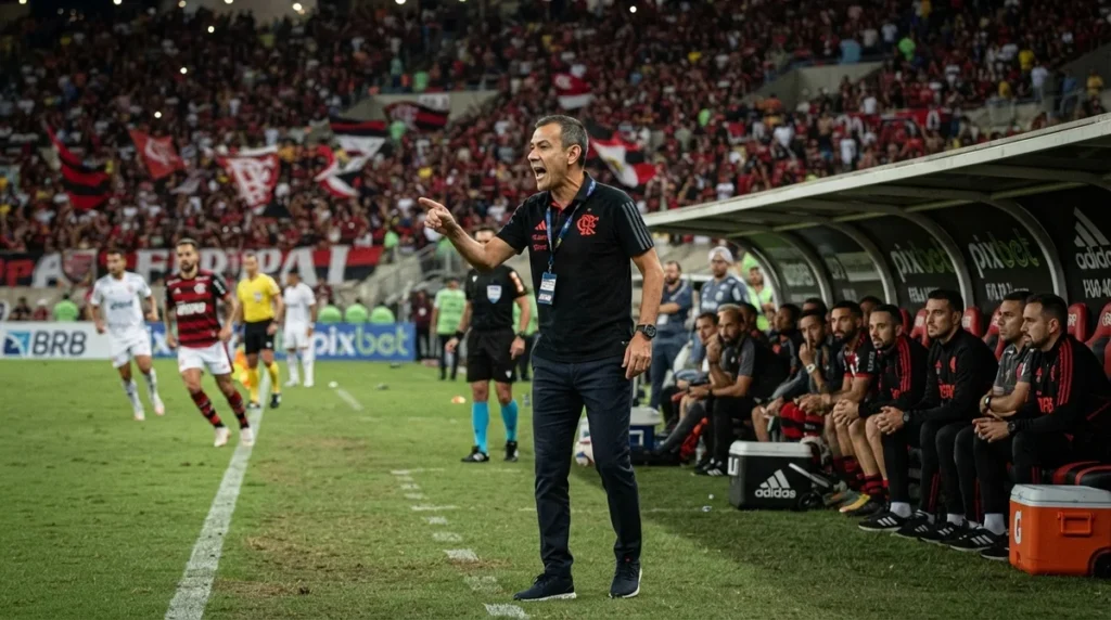 Leonardo Jardim orienta o Flamengo durante partida do Brasileirão 2026