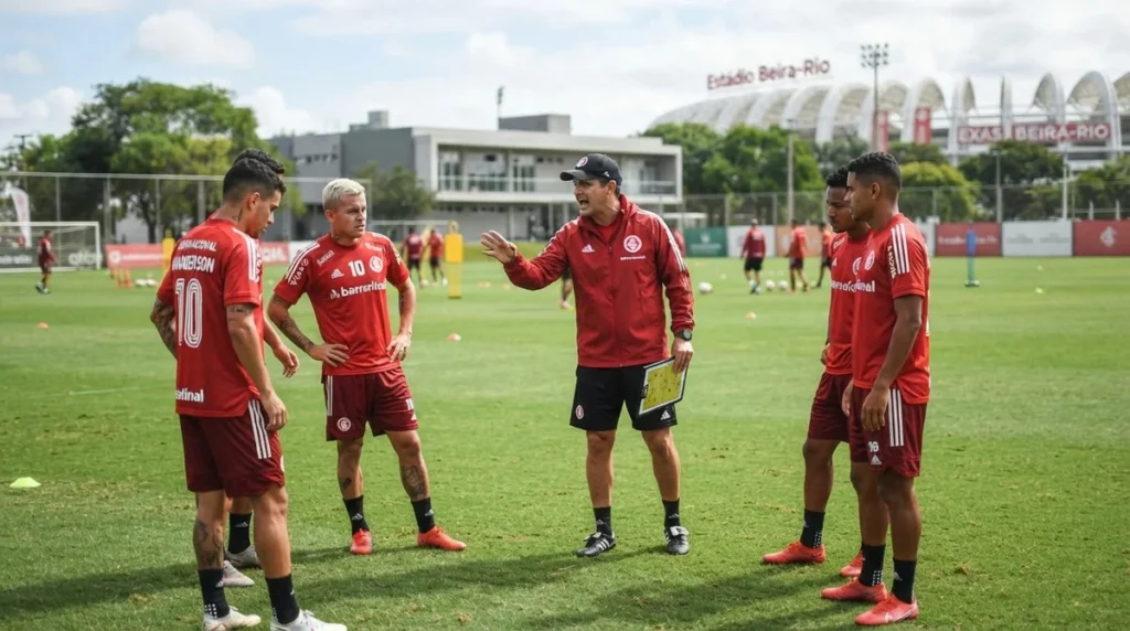 Foto jornalística realista de treinador do Internacional orientando jogadores durante treinamento no centro de preparação do clube, atletas concentrados, ambiente profissional de futebol, referência a ajustes táticos antes das próximas partidas do Brasileirão, fotografia esportiva de alta qualidade, sem textos.