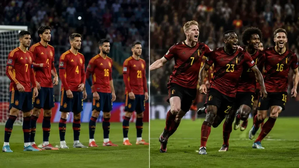Comparação entre os estilos de jogo de Espanha e Bélgica, possíveis adversárias da França na semifinal da Copa do Mundo 2026.