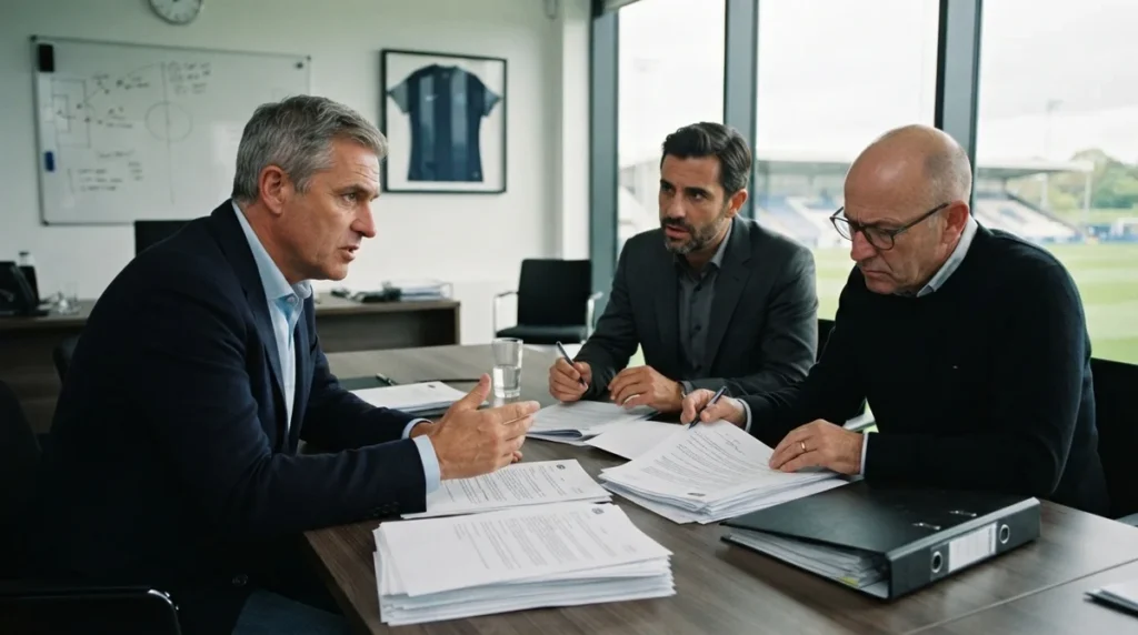 Bastidores do mercado europeu com dirigentes discutindo contratações e negociações de jogadores
