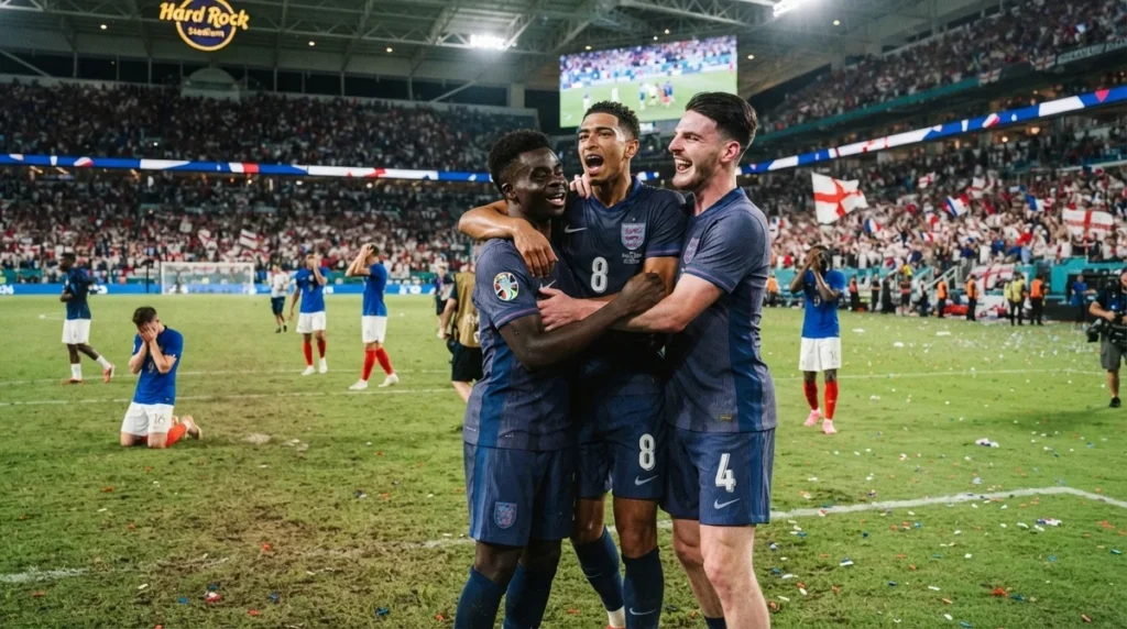 Jude Bellingham comemora o gol que confirmou a vitória da Inglaterra sobre a França na disputa do terceiro lugar da Copa do Mundo 2026.