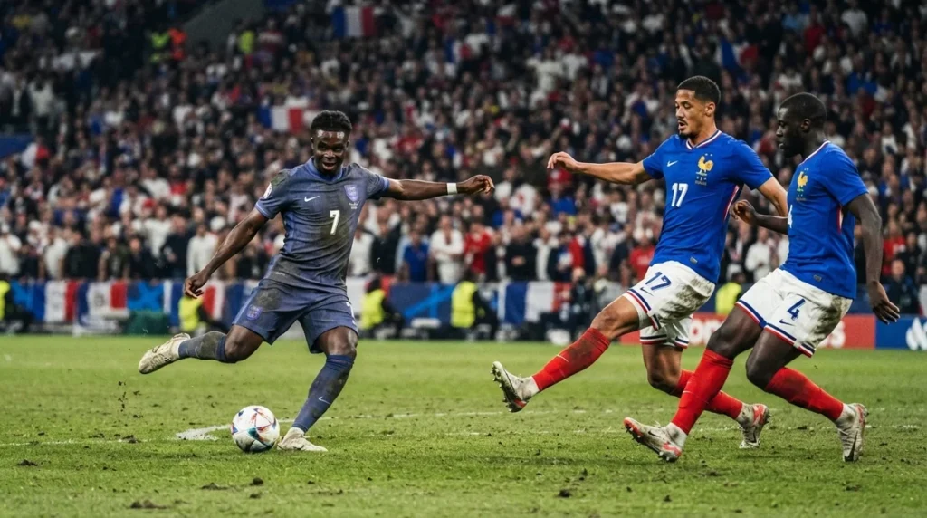 Bukayo Saka comemora gol na vitória da Inglaterra sobre a França na Copa do Mundo 2026.
