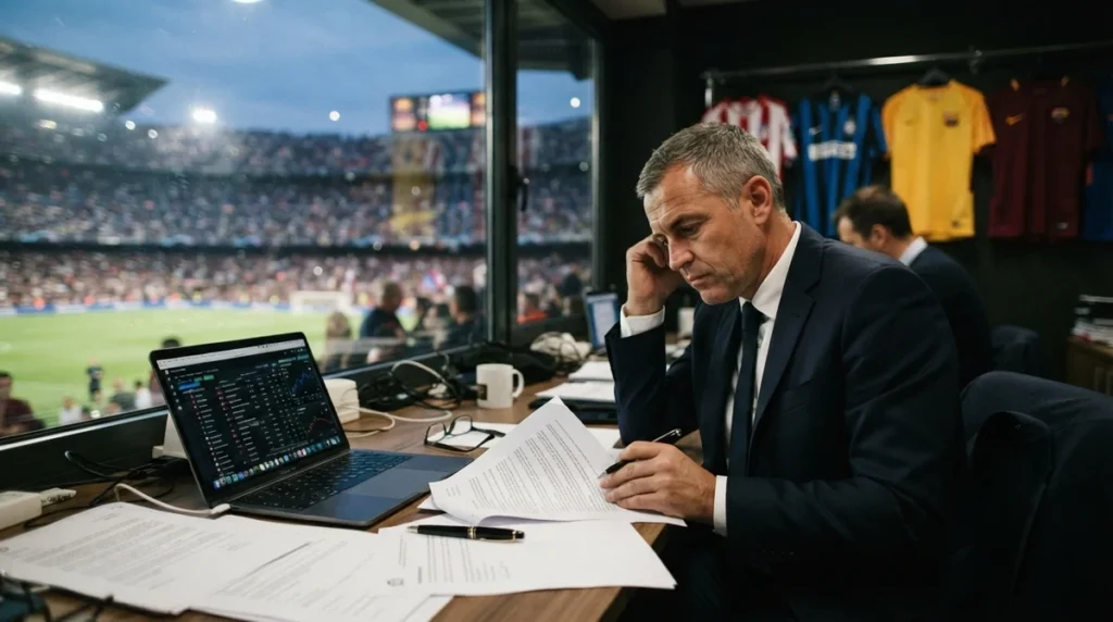 Mercado da bola 2026 com dirigentes analisando negociações e transferências de futebol em estádio
