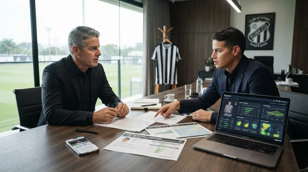 Diretores analisam documentos durante reunião sobre possível contratação de Juan Quintero pelo Atlético-MG.