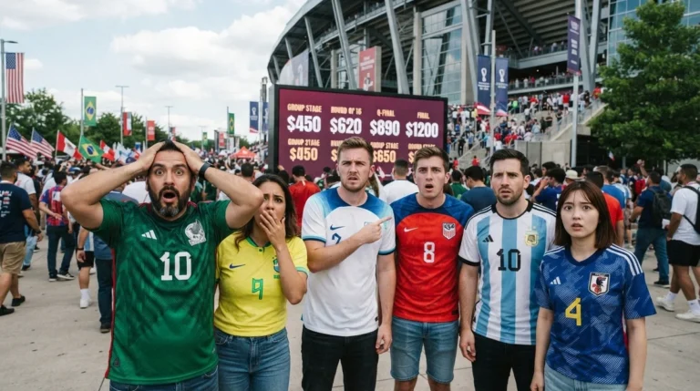 Torcedores acompanham a venda de ingressos da Copa do Mundo 2026 em frente a um estádio.