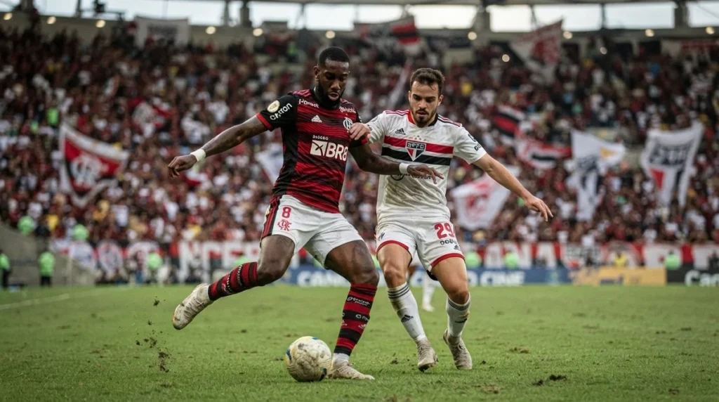 Jogadores de Flamengo e São Paulo disputam a posse de bola no meio-campo durante partida do Brasileirão.