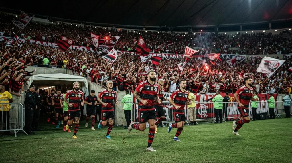 Flamengo em campo no Maracanã durante disputa da temporada 2026 com torcida rubro-negra ao fundo