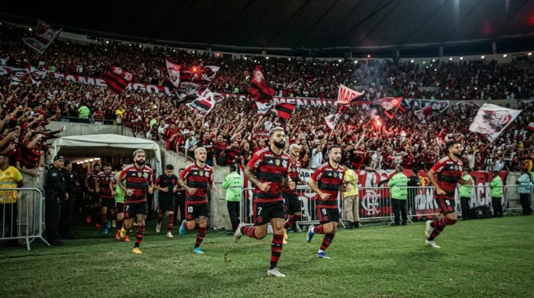 Flamengo em campo no Maracanã durante disputa da temporada 2026 com torcida rubro-negra ao fundo