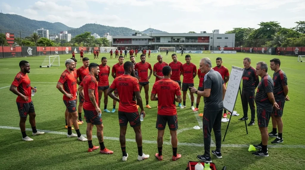 Jogadores do Flamengo treinando antes da sequência decisiva da temporada