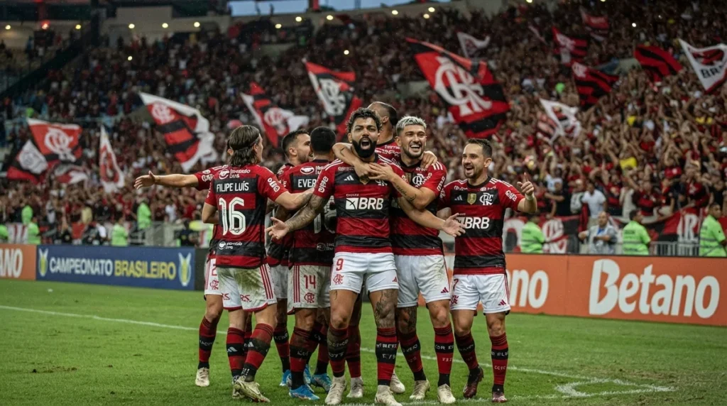 Elenco do Flamengo comemora gol no Campeonato Brasileiro