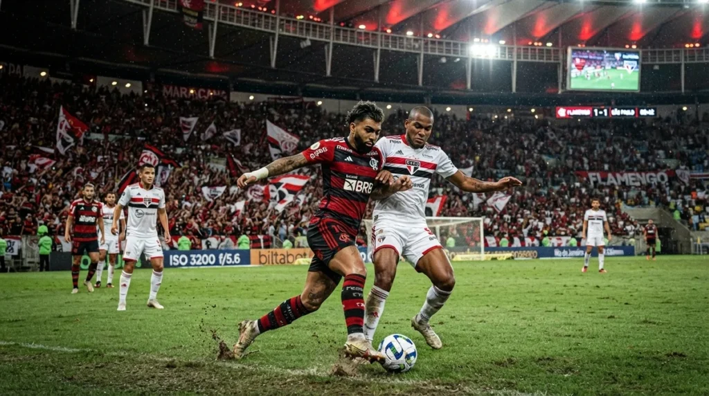 Lance entre Flamengo e São Paulo que gerou debate sobre impedimento semiautomático