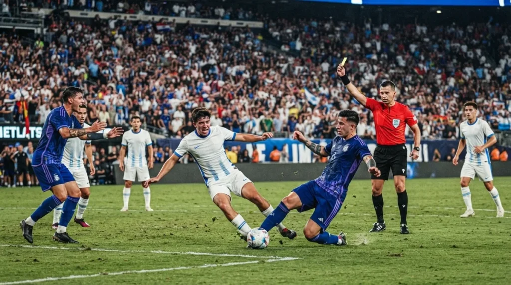 Árbitro expulsa Enzo Fernández após falta sobre Pau Cubarsí na final da Copa do Mundo 2026.