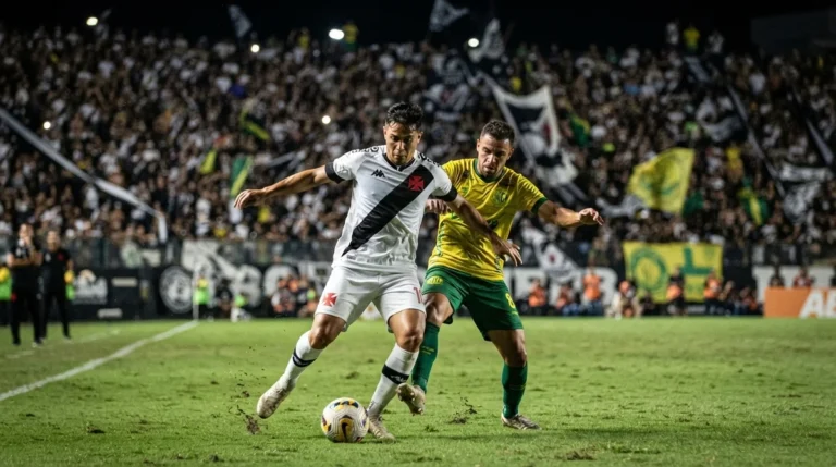 Jogador do Vasco disputa a bola com atleta do Mirassol durante partida válida pelo Campeonato Brasileiro.