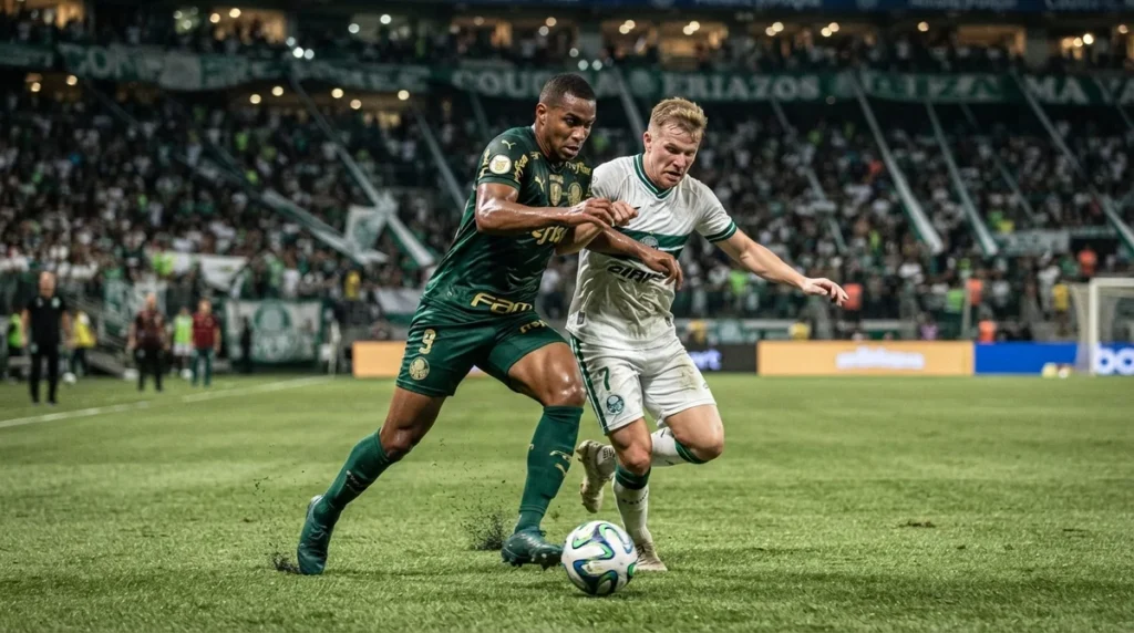 Disputa de bola entre jogadores de Palmeiras e Coritiba em partida do Campeonato Brasileiro.