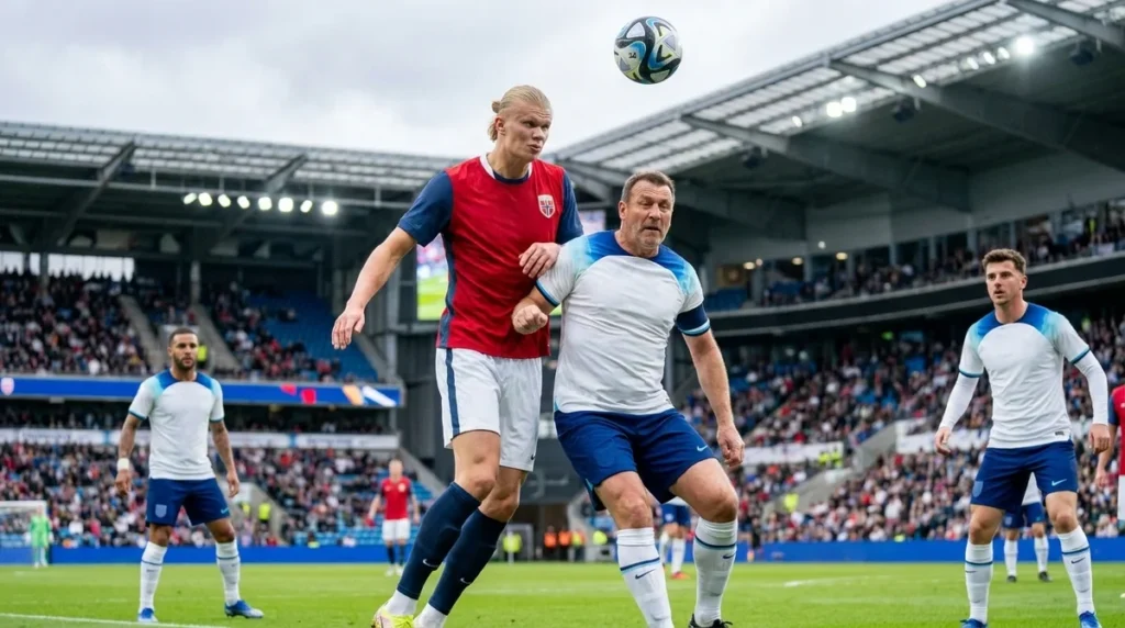 Football_strikers_contesting_bal…_202607110858 Duelo entre Haaland e Harry Kane na Copa do Mundo 2026