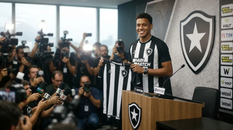 Gabriel Batista com a camisa do Botafogo (ou montagem de apresentação).