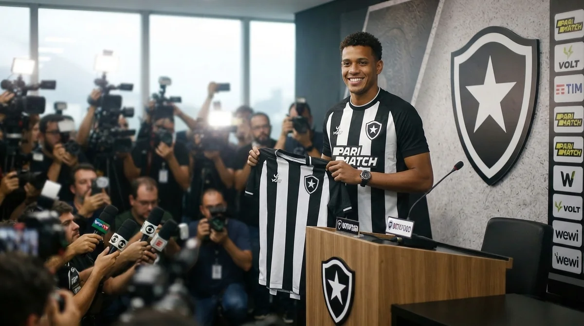 Gabriel Batista com a camisa do Botafogo (ou montagem de apresentação).