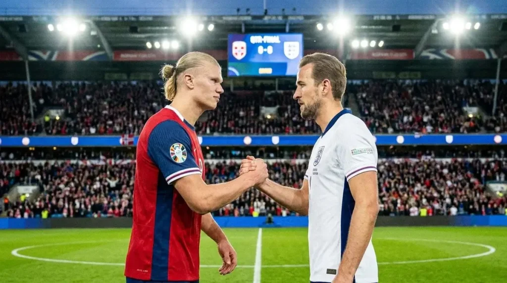 Haaland e Kane antes de Noruega x Inglaterra pelas quartas de final da Copa do Mundo 2026
