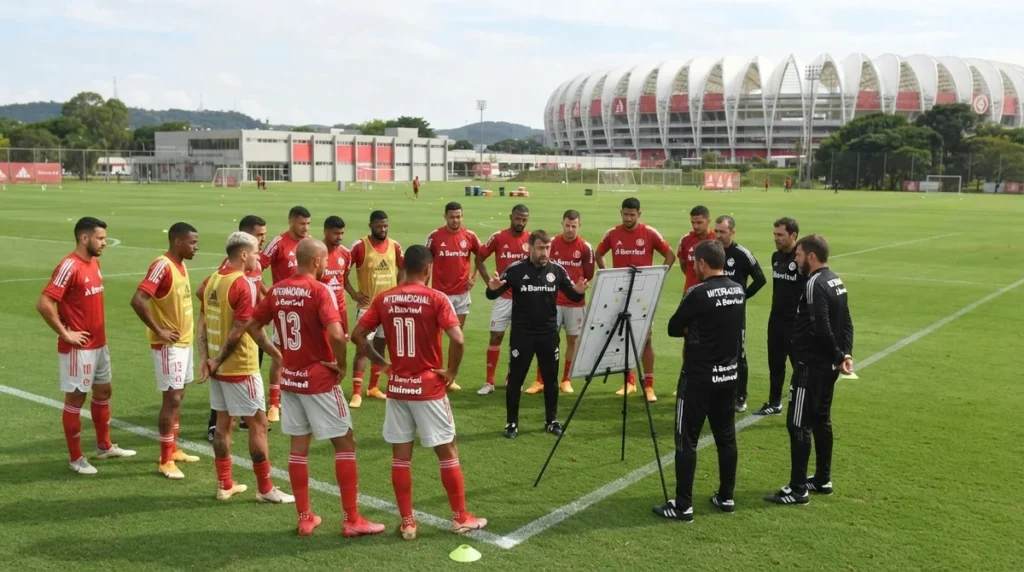 Jogadores do Internacional se preparando para enfrentar o Flamengo.