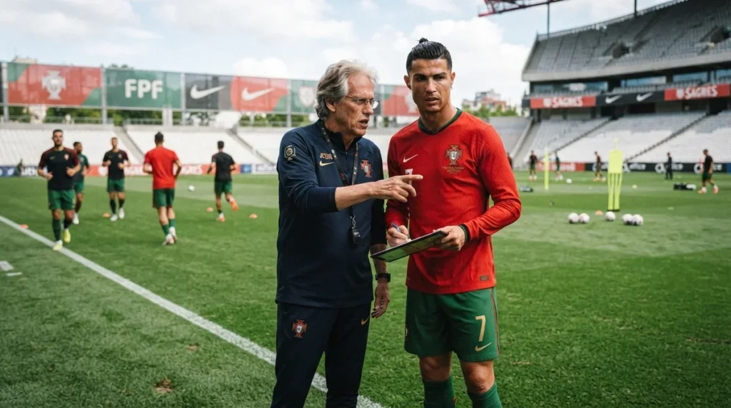 Jorge Jesus conversa com Cristiano Ronaldo durante preparação da seleção portuguesa