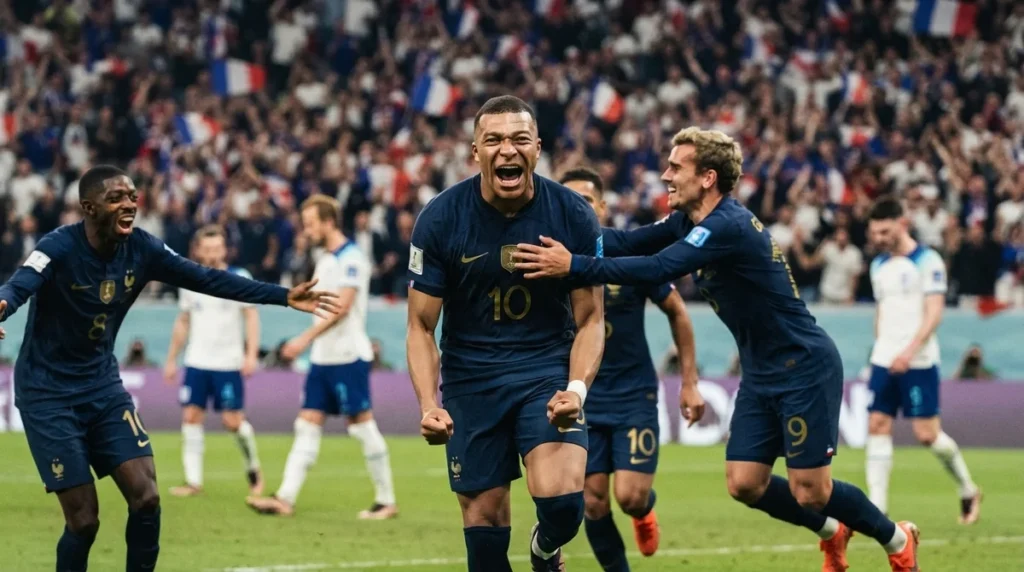 Kylian Mbappé comemora um dos gols da França contra a Inglaterra na Copa do Mundo 2026.