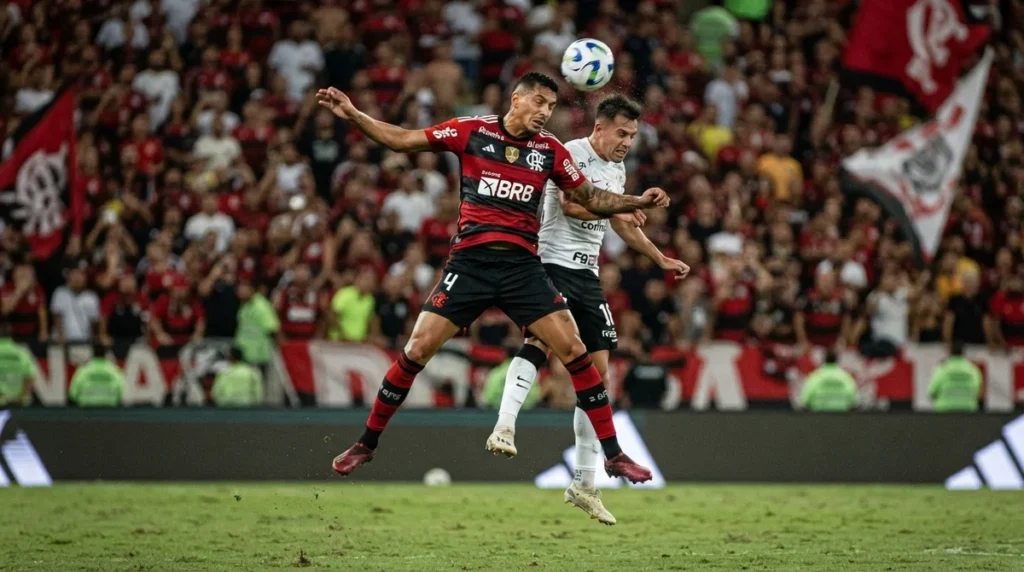 Léo Pereira em ação defendendo o Flamengo durante partida oficial.