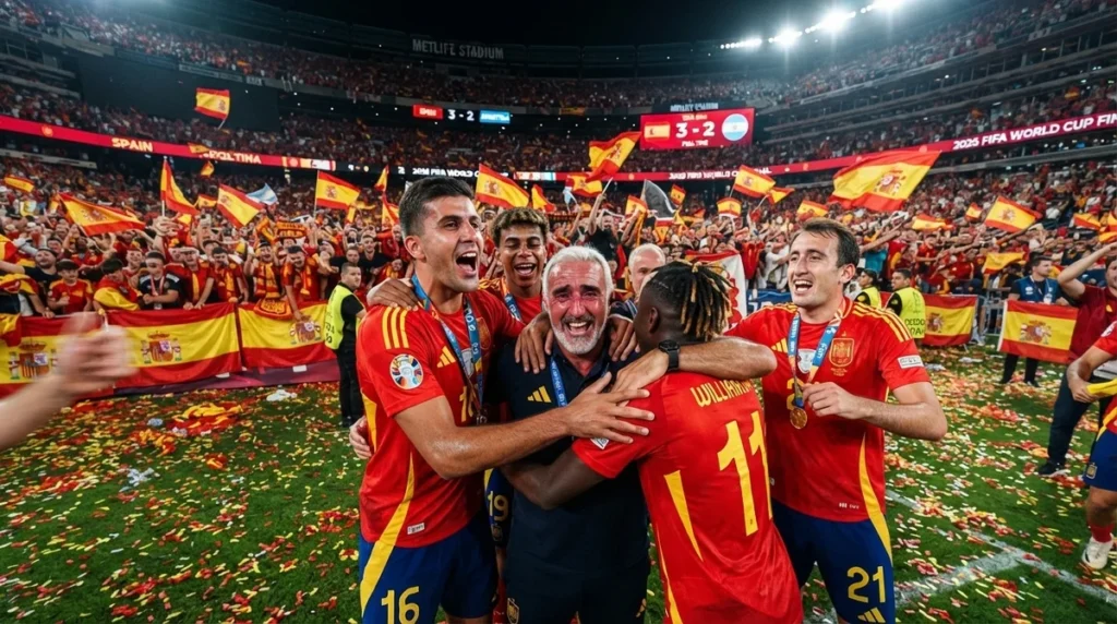 Luis de la Fuente comemora o título mundial ao lado dos jogadores da seleção espanhola.