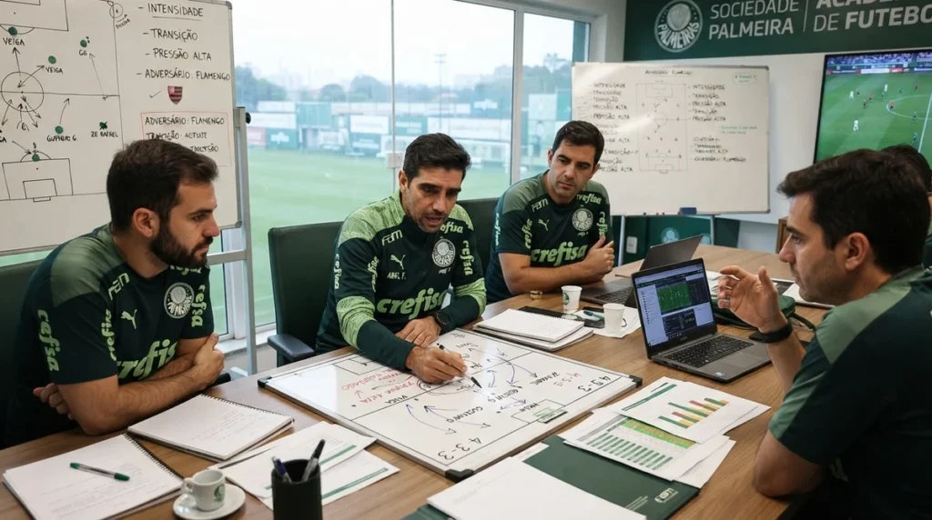 Abel Ferreira e comissão técnica do Palmeiras avaliando planejamento do elenco