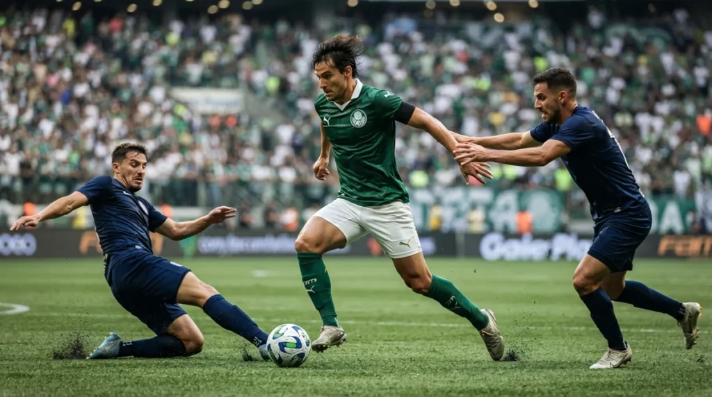 Maurício conduz a bola em partida do Palmeiras após a Copa do Mundo de 2026.