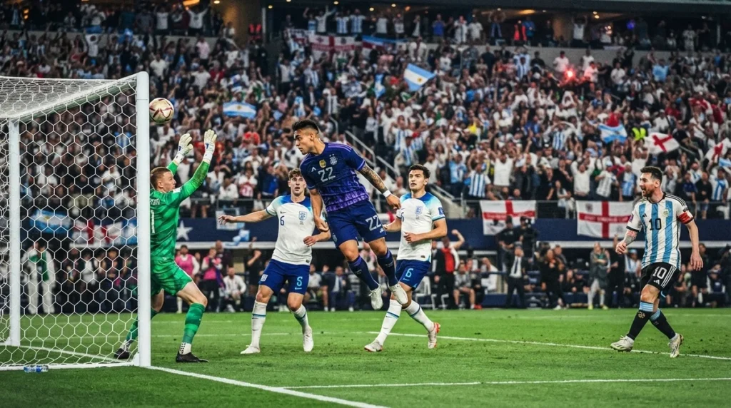 Messi cruza para Lautaro Martínez marcar o gol da classificação da Argentina contra a Inglaterra.