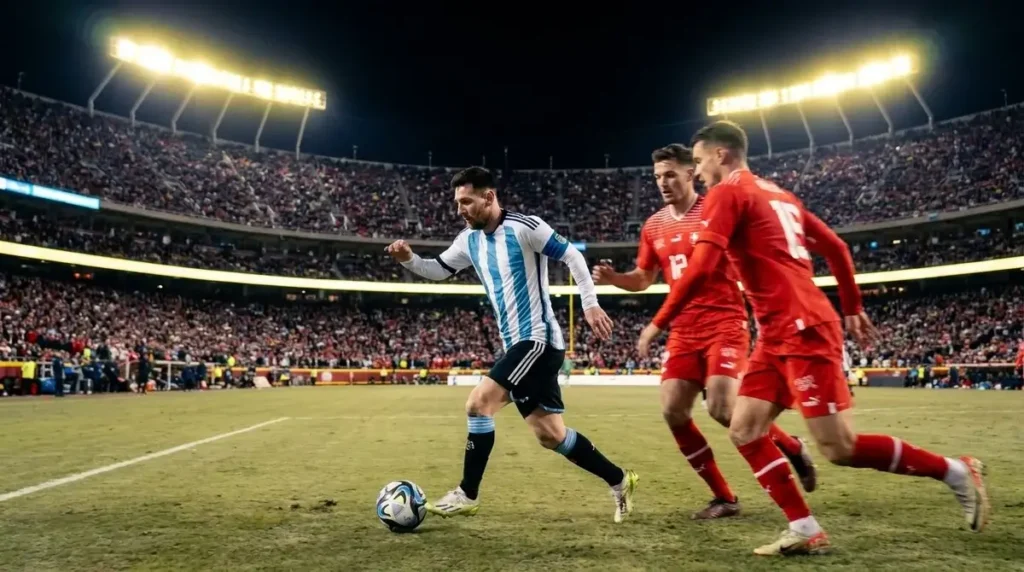 Messi_dribbling_past_players_202607110749 Messi durante partida da Argentina contra a Suíça pelas quartas de final da Copa do Mundo 2026.