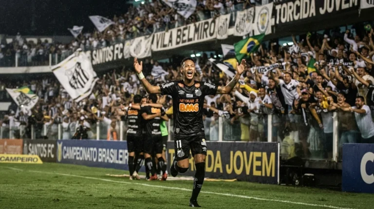 Neymar comemorando gol pelo Santos na Vila Belmiro durante partida do Brasileirão