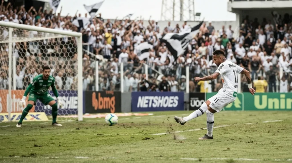 Neymar cobrando pênalti pelo Santos no empate contra a Chapecoense pelo Brasileirão