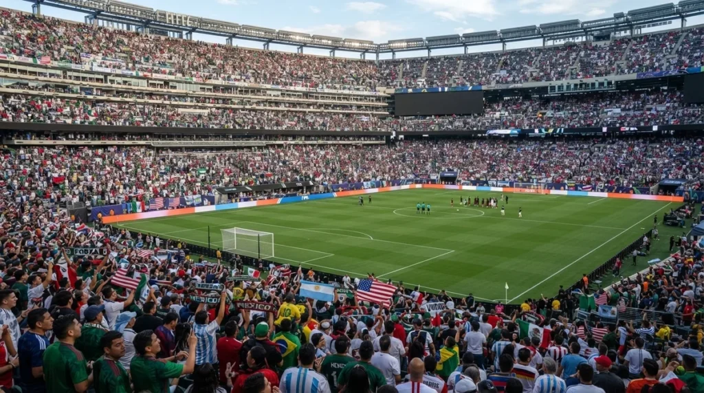 Estádio lotado durante partida da Copa do Mundo 2026 com torcedores de diversas seleções.