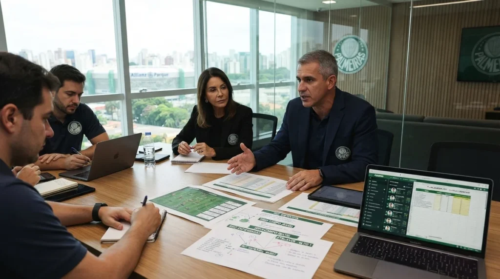 Diretoria do Palmeiras avalia planejamento para a janela de transferências de 2026.